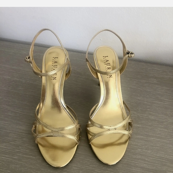 Ralph Lauren Gold Sammy Leather Strappy High Heel Sandals - Picture 8 of 8
